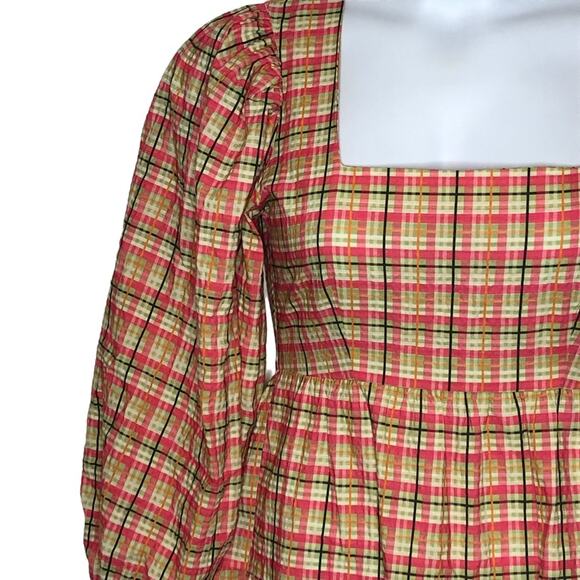 Topshop Check Plaid Smock Mini Dress Size 6 Y2K Babydoll Boho Puff Sleeve Retro - Picture 4 of 16